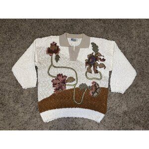 Vintage Womens 80s Polo Sweater Applique Floral Grandma Retro Artsy Boho READ L